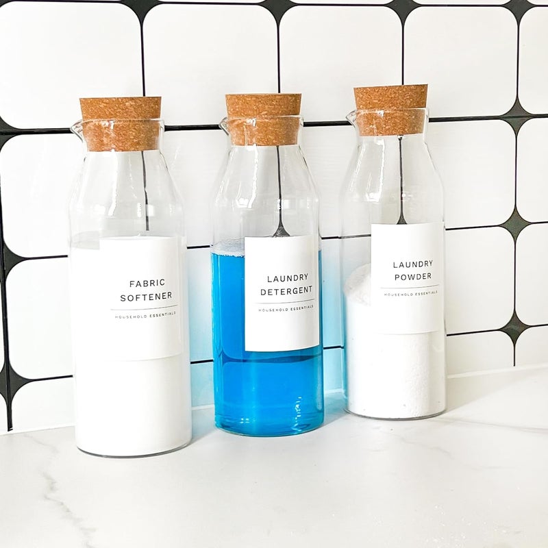 KOSKIMER Glass Laundry Detergent Dispenser Set with Cork Lids, Fabric Softener Dispenser, Easy Pour 3 Pack Laundry Bottles, Liquid Detergent Containers, Scent Booster & Bleach Container for Laundry Room - Image 5